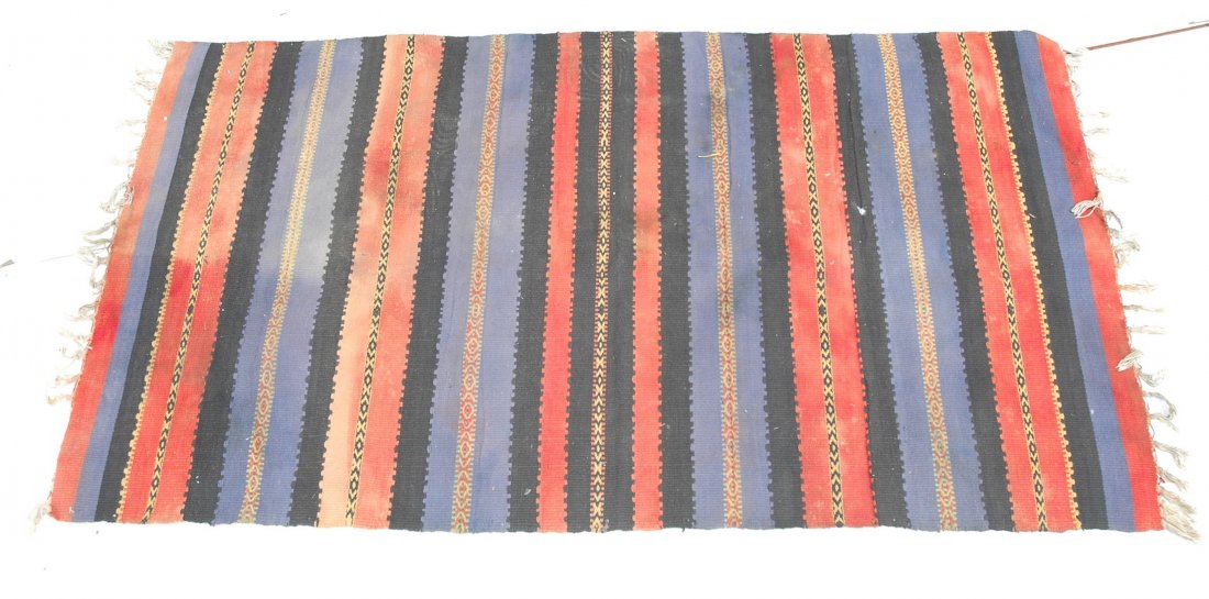 Woven Tapestry Rug. Primary color bands. Red, Blu: Woven Tapestry Rug. Primary color bands. Red, Blue, Yellow & Black. Knotted fringed ends-- Dimensions: : W: 33.5 inches: L: 64 inches ---