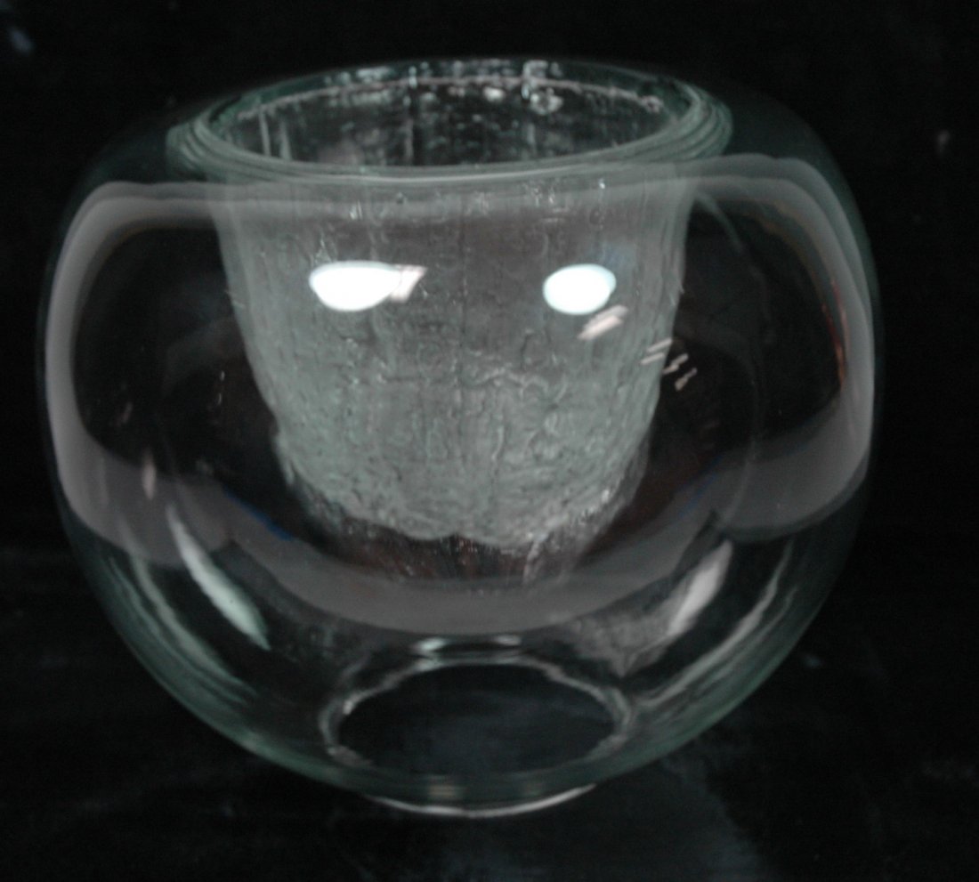 TIMO SARPANEVA Art Glass Bowl Vase. Finlandia: TIMO SARPANEVA Art Glass Bowl Vase. Finlandia Iittala The Larger of this version. Clear glass sphere with glacier form interior. Signed Timo Sarpaneva 3374. -- Dimensions: H: 10 inches: W: 12 inches -