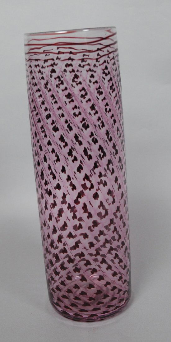 KIT KARBLER & MICHAEL DAVID Art Glass Vase. Tall: KIT KARBLER & MICHAEL DAVID Art Glass Vase. Tall clear cylinder vase with purple spotted ribbon interior design. American Studio Glass. Signed & dated 1981. -- Dimensions: H: 12.75 inches: W: 4.5 inch