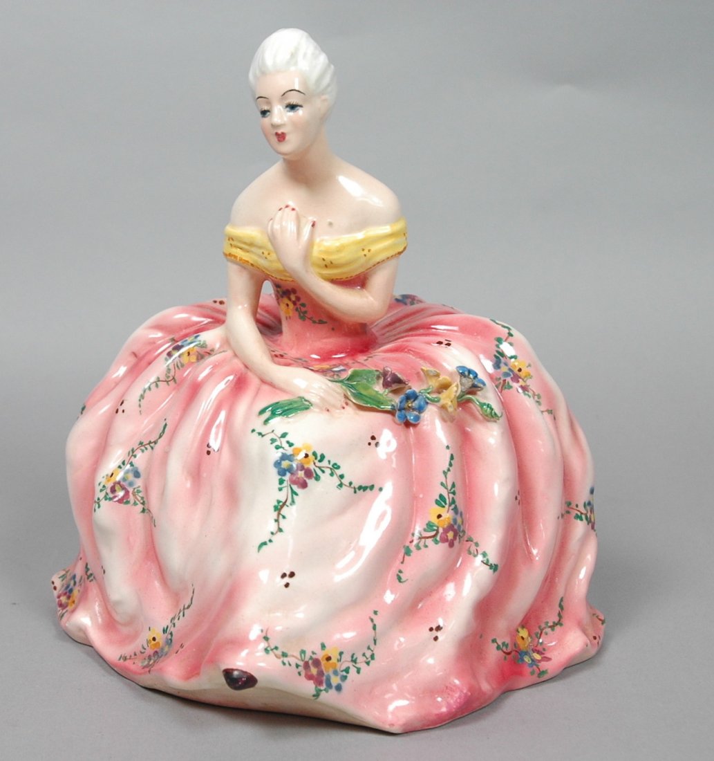 LENCI Torino Pottery Female Figure. Italian potte: LENCI Torino Pottery Female Figure. Italian pottery figure with floral decorated pink dress. Marked.-- Dimensions: H: 9 inches: W: 8 inches: D: 8 inches --- US Shipping charge: $35