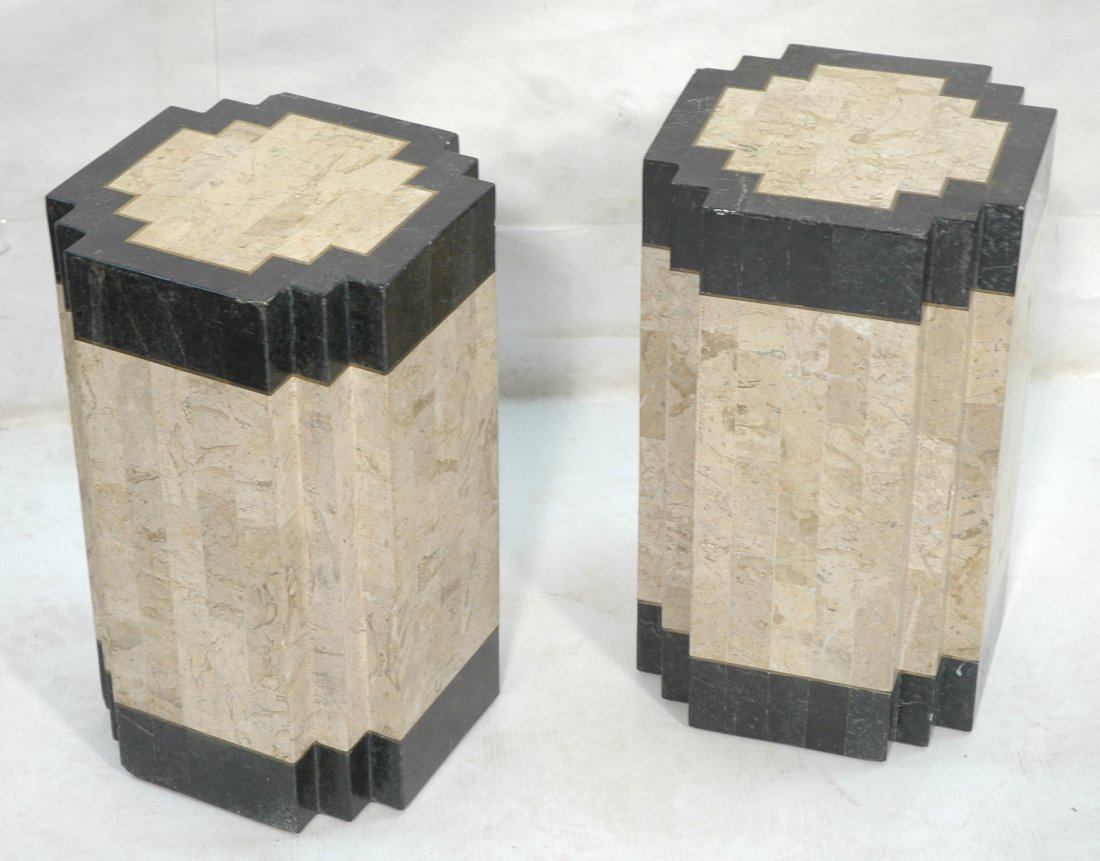 Pr Tessellated MAITLAND SMITH Style Pedestals. Cr: Pr Tessellated MAITLAND SMITH Style Pedestals. Cream travertine with black trim bands.-- Dimensions: H: 20.5 inches: W: 12 inches: D: 12 inches ---