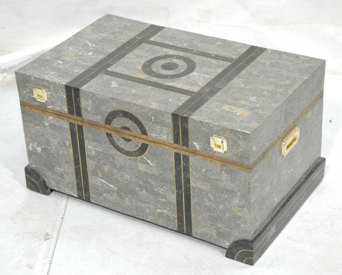 Tessellated MAITLAND SMITH style Trunk Table. Gra: Tessellated MAITLAND SMITH style Trunk Table. Gray tiles with black trim bands. Brass accents. Lined interior.-- Dimensions: H: 16.5 inches: W: 30.25 inches: D: 18.25 inches ---