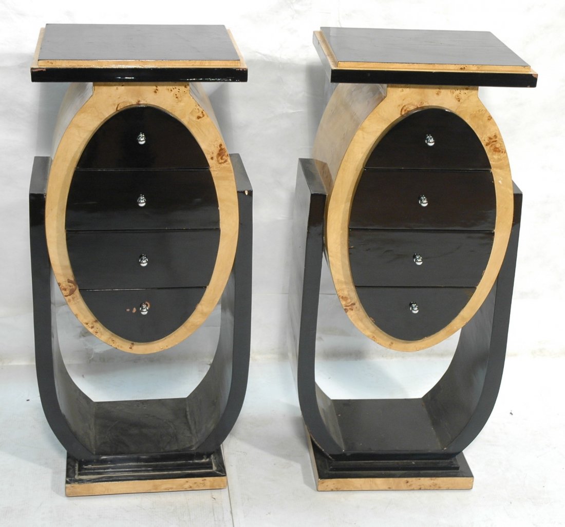 Pr Art Deco Ebonized 4 Drawer Oval Cabinets. Burl: Pr Art Deco Ebonized 4 Drawer Oval Cabinets. Burl maple cabinets with ebonized trim. Chrome pulls. -- Dimensions: H: 44 inches: W: 15 inches: D: 17.5 inches ---