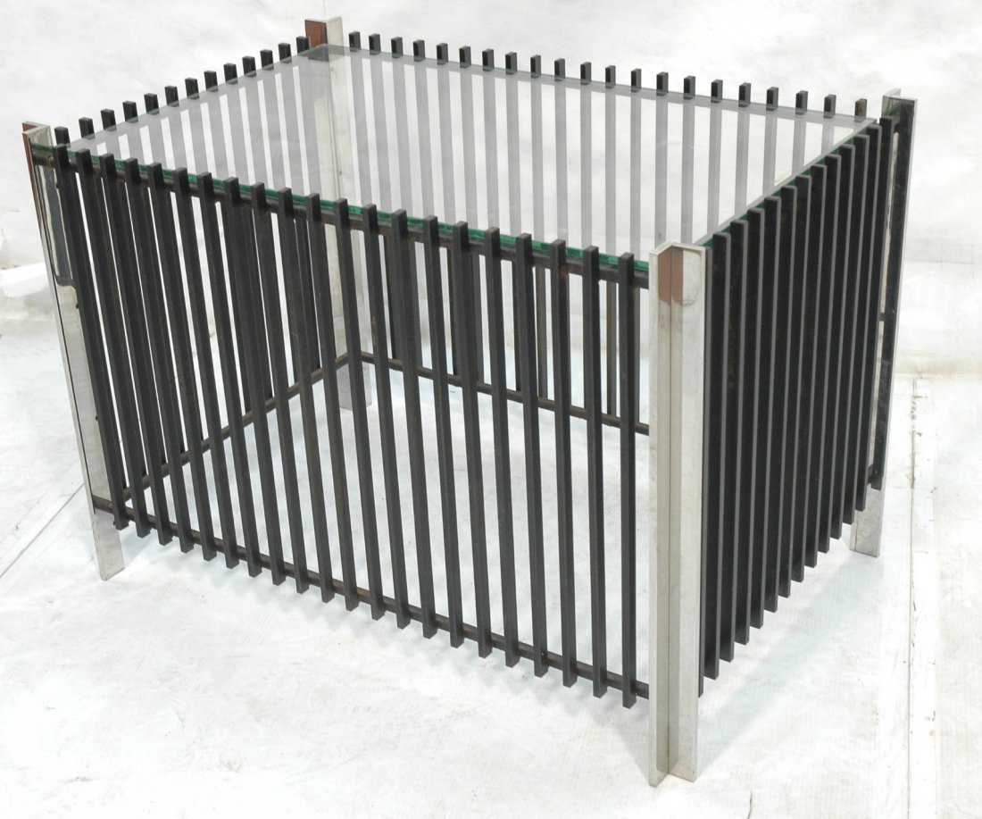 Stainless & Blackened Steel Side Table. Occasiona: Stainless & Blackened Steel Side Table. Occasional table. Rectangular base with black steel bars. Stainless corners.-- Dimensions: H: 25 inches: W: 36.5 inches: D: 24.25 inches ---