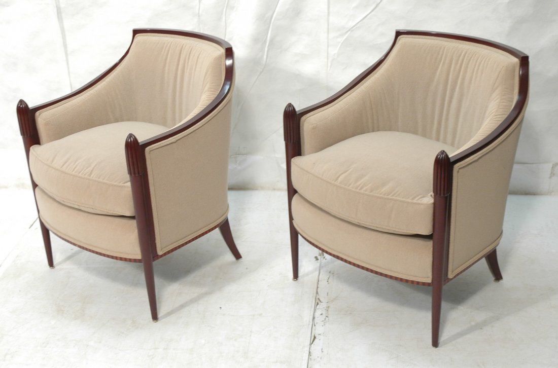 Pr BARBARA BARRY Deco Classic BAKER Lounge Chairs.: Pr BARBARA BARRY Deco Classic Lounge Chairs. BAKER. Carved arm finials. Square contrasting inlay to skirt. Tapered legs.-- Dimensions: H: 32.5 inches: W: 26 inches: D: 27.5 inches ---