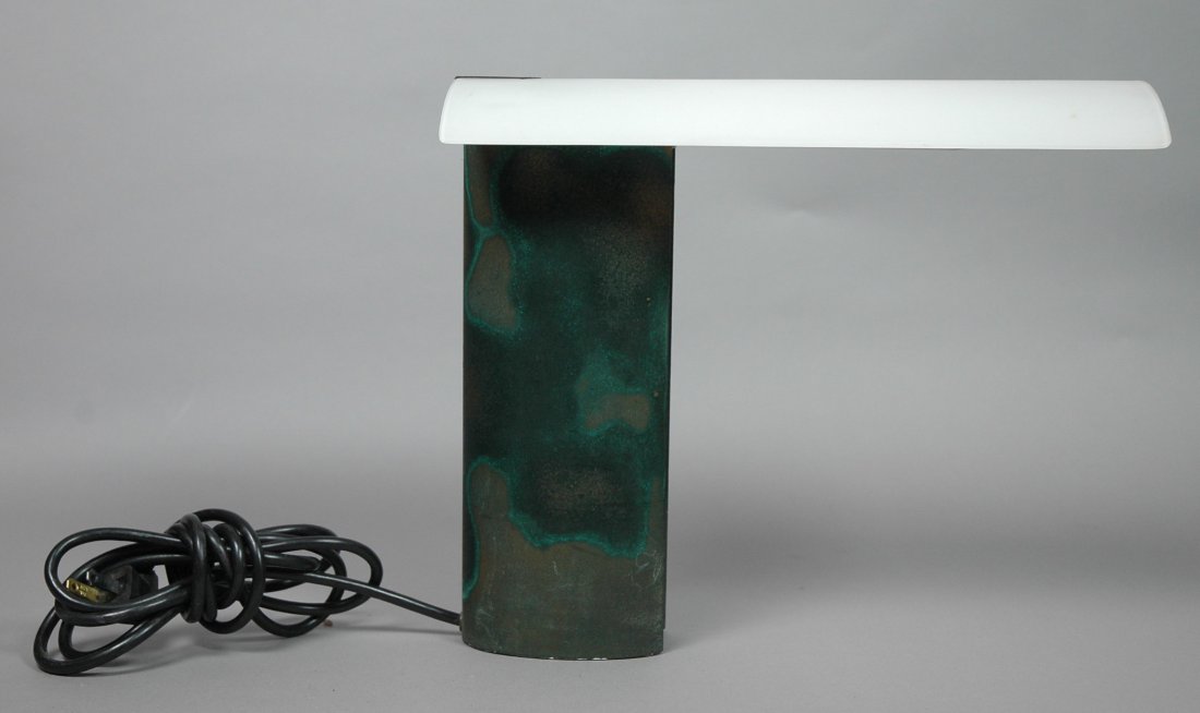 KOCH & LOWY Patinated Metal Cantilever Table Lamp.: KOCH & LOWY Patinated Metal Cantilever Table Lamp. White Plexi "Sail" Shade. Not marked. -- Dimensions: H: 10.25 inches: W: 12 inches: D: 5.5 inches --- US Shipping charge: $35