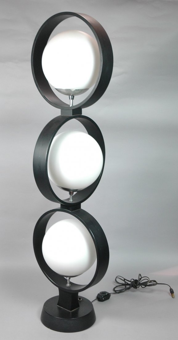 70's Modern Ebonized Wood Three Glass Shade Lamp.: 70's Modern Ebonized Wood Three Glass Shade Lamp. Three frosted ball shades.-- Dimensions: H: 42 inches: W: 12 inches ---