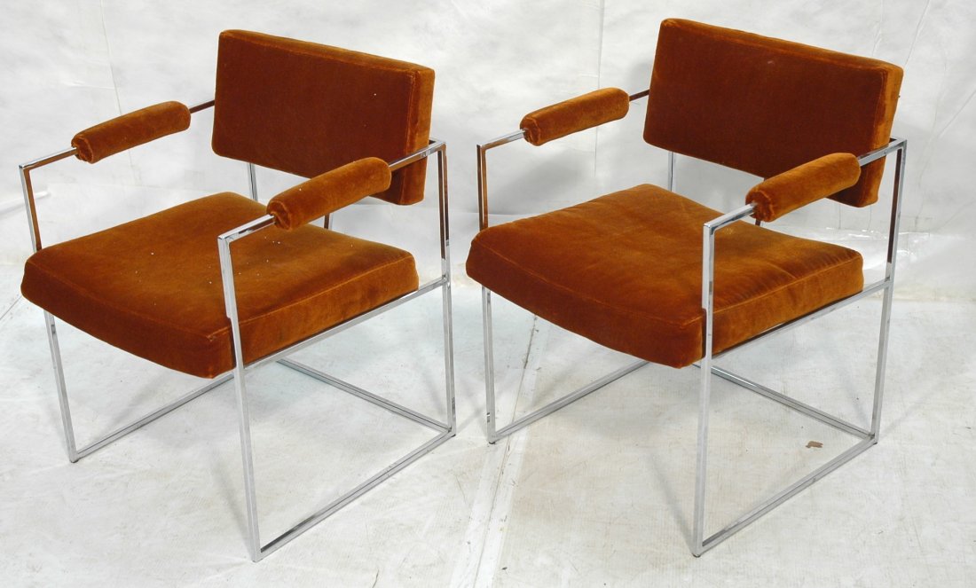 Pair Thayer Coggin Milo Baughman Arm Chairs. Upho: Pair Thayer Coggin Milo Baughman Arm Chairs. Upholster arms. Square tube frames. Labeled.-- Dimensions: H: 29 inches: W: 22.5 inches: D: 20.75 inches ---