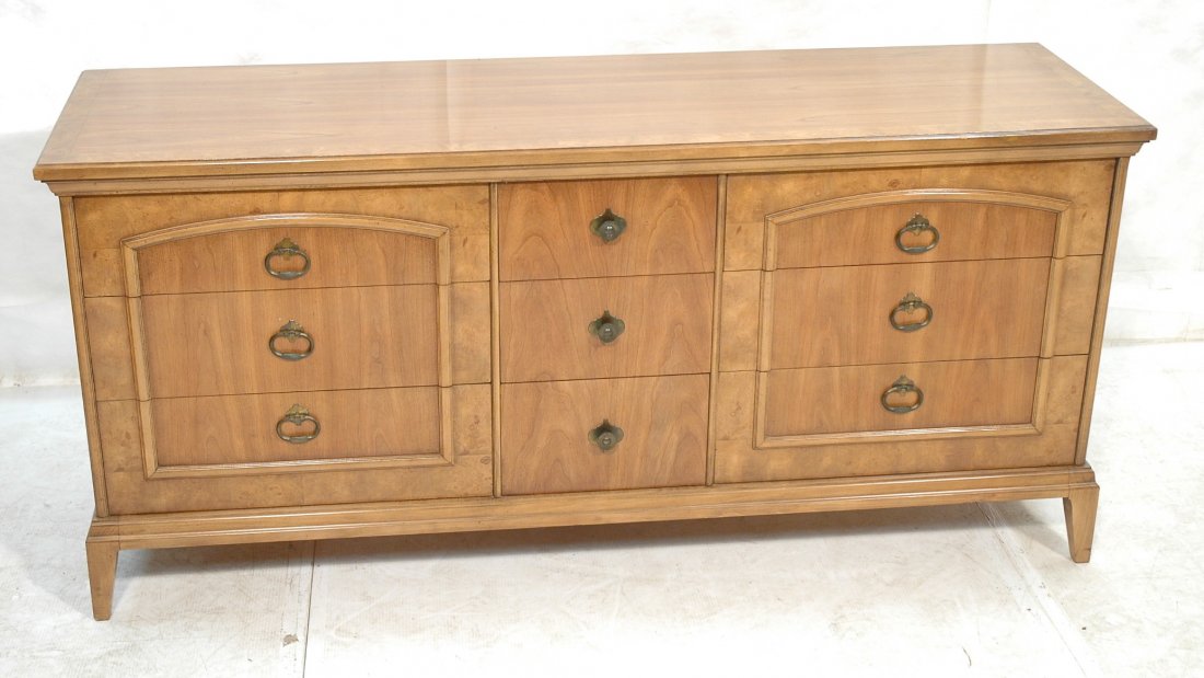 American Modern Low Chest Dresser. Banded burl d: American Modern Low Chest Dresser. Banded burl design. Decorative metal pulls.-- Dimensions: H: 31.75 inches: W: 67 inches: D: 20.25 inches ---