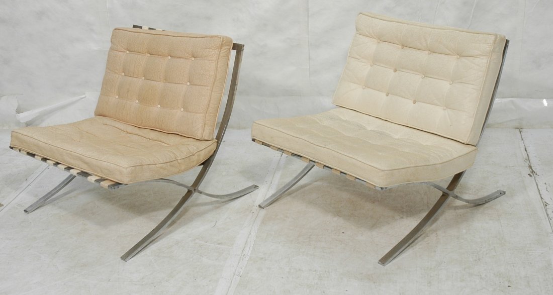 Pr SELIG Chrome Frame BARCELONA Lounge Chairs. Wh: Pr SELIG Chrome Frame BARCELONA Lounge Chairs. White/Cream upholstery. Not marked.-- Dimensions: H: 28.5 inches: W: 29.5 inches: D: 27.5 inches ---