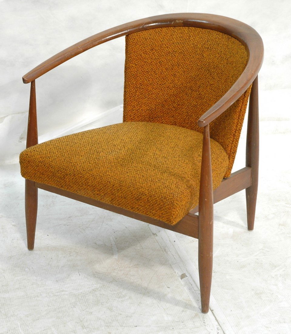 Hans Wegner style Walnut Lounge Chair. Sloped arm: Hans Wegner style Walnut Lounge Chair. Sloped arm teak wood frame. Orange tweed upholstery. -- Dimensions: H: 28 inches: W: 26.5 inches: D: 25 inches ---