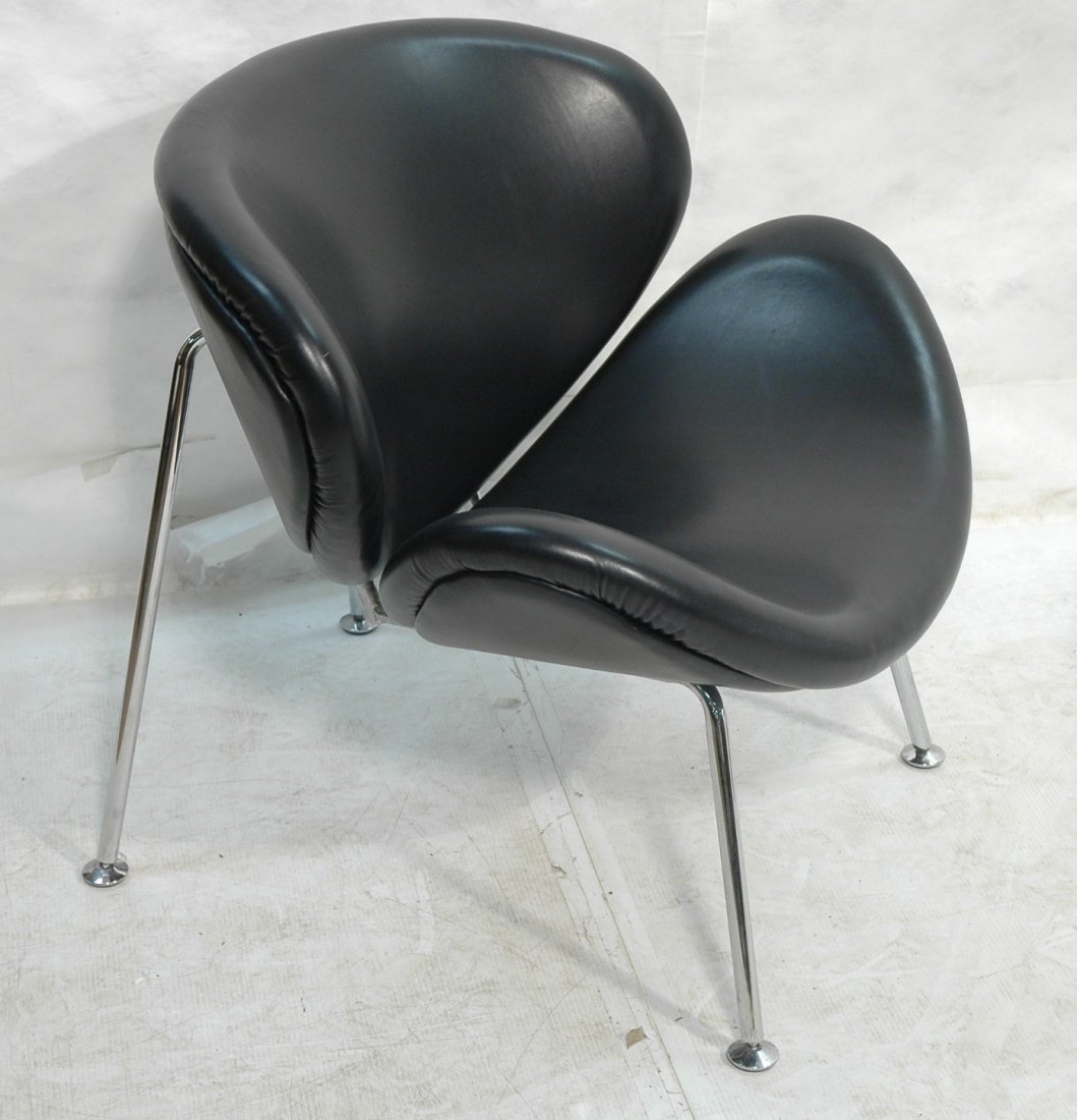 Black Leather Lounge Chair. PIERRE PAULIN style O: Black Leather Lounge Chair. PIERRE PAULIN style Orange Slice Chair. Wide chrome tube legs. Not marked. -- Dimensions: H: 32 inches: W: 34 inches: D: 31 inches ---