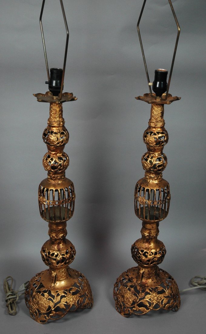 Pr James Mont style Metal Table Lamps. Asian form: Pr James Mont style Metal Table Lamps. Asian form with gilt finish. -- Dimensions: H: 37 inches: W: 8 inches ---