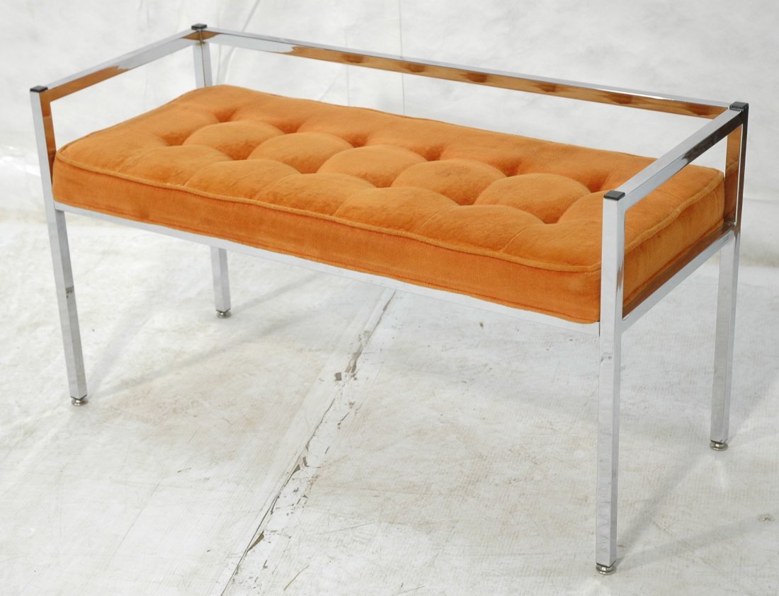 Milo Baughman style Chrome Bench. Square Tube Fra: Milo Baughman style Chrome Bench. Square Tube Frame. Tufted orange upholstery. Not marked.-- Dimensions: H: 22.75 inches: W: 41 inches: D: 17 inches ---