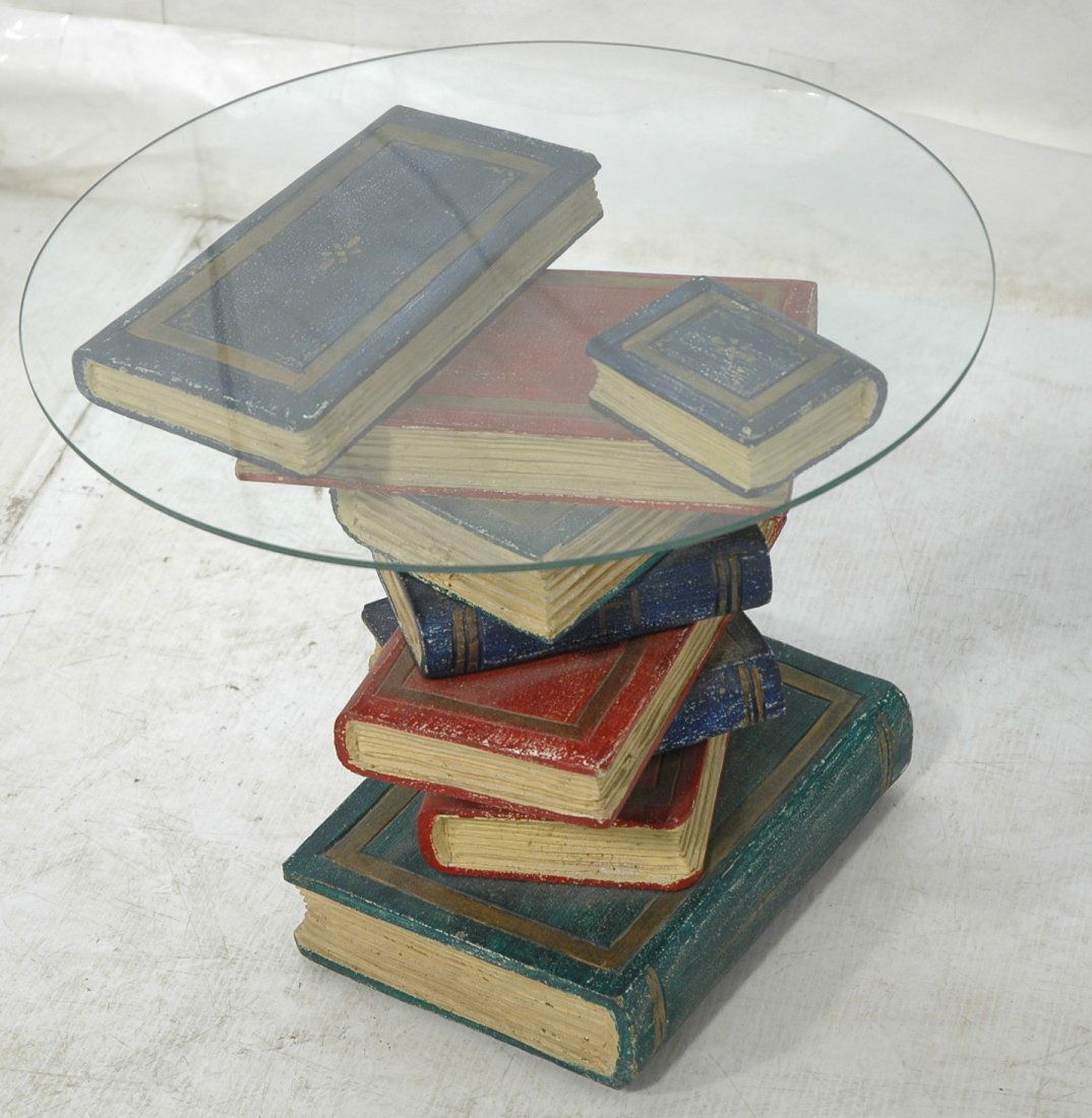 MAITLAND SMITH style Carved Wood Book Side Table.: MAITLAND SMITH style Carved Wood Book Side Table. Stacked book form. Round glass top.-- Dimensions: H: 17.5 inches: W: 21 inches ---