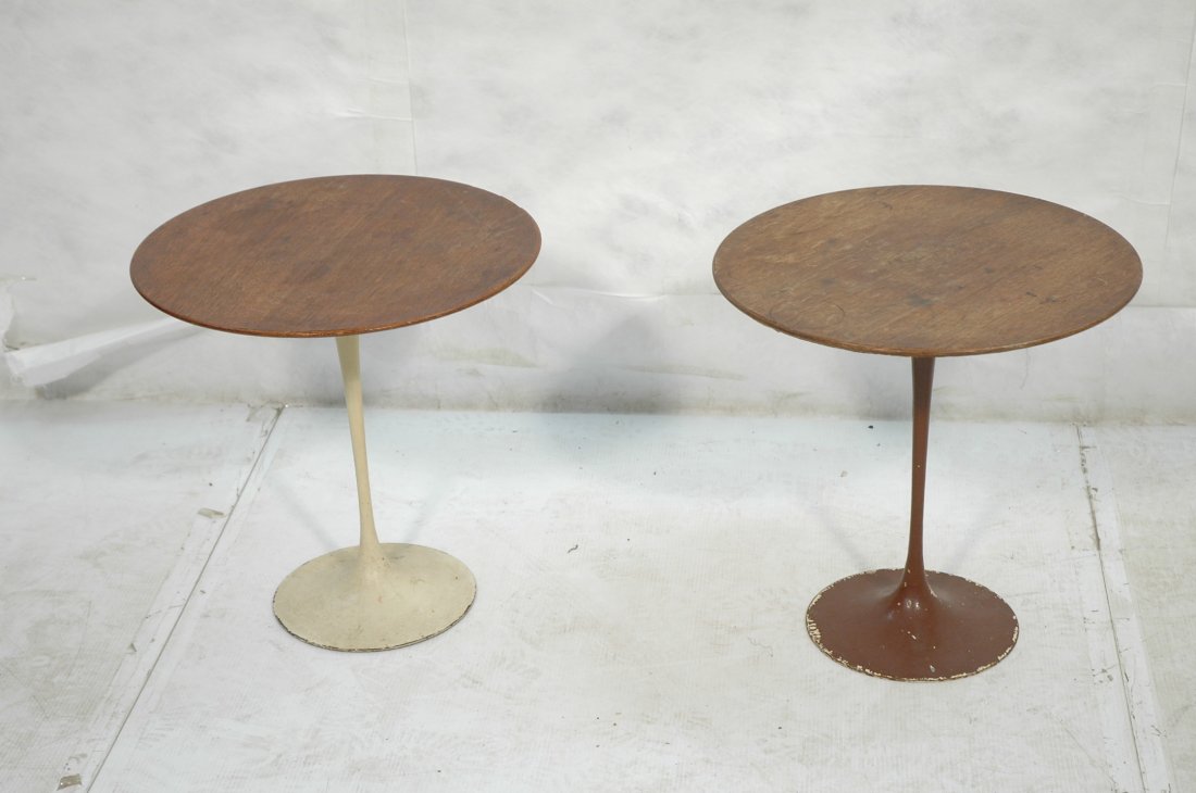 2pc KNOLL SAARINEN Walnut Top Tulip Tables. 1. Wh: 2pc KNOLL SAARINEN Walnut Top Tulip Tables. 1. White base table has early Knoll label. -- Dimensions: H: 20.25 inches: W: 20 inches ---