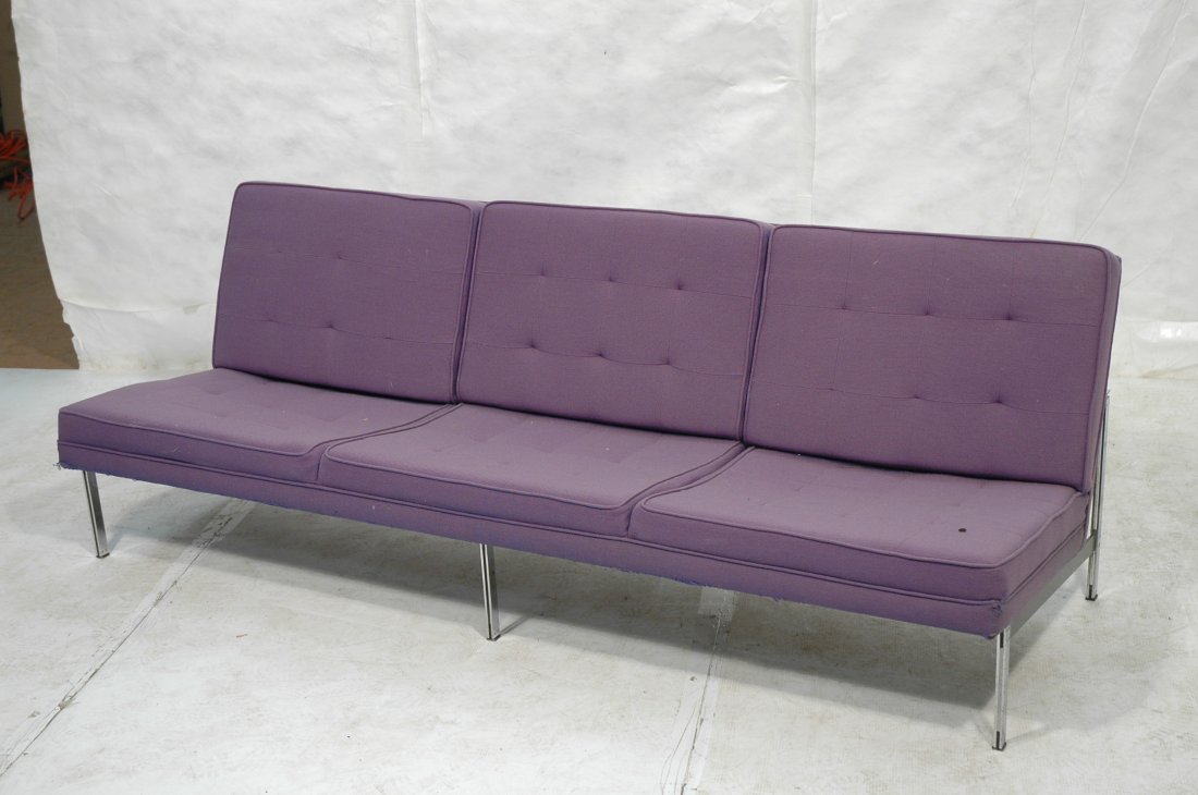 FLORENCE KNOLL Parallel Bar Purple Sofa Couch. St: FLORENCE KNOLL Parallel Bar Purple Sofa Couch. Stainless steel bar legs.Three back cushions. Not marked. -- Dimensions: H: 30 inches: D: 32.25 inches: L: 84 inches ---