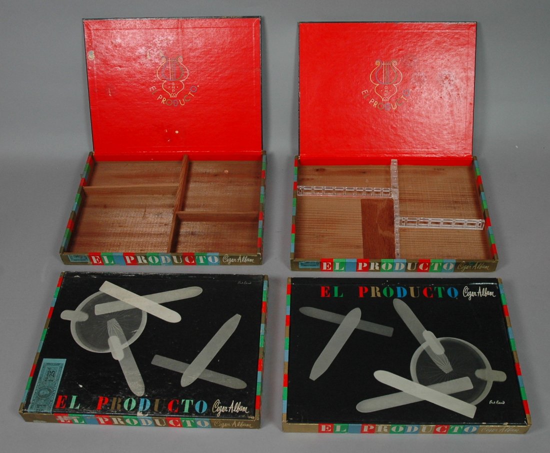 4pc PAUL LAND Illustrated Cigar Boxes. EL PRODUCT: 4pc PAUL LAND Illustrated Cigar Boxes. EL PRODUCTO Cigar Album boxes. Man Ray Rayograph style lids. No cigars just the decorative boxes.-- Dimensions: H: 8.25 inches: W: 11.5 inches: D: 1.25 inches --