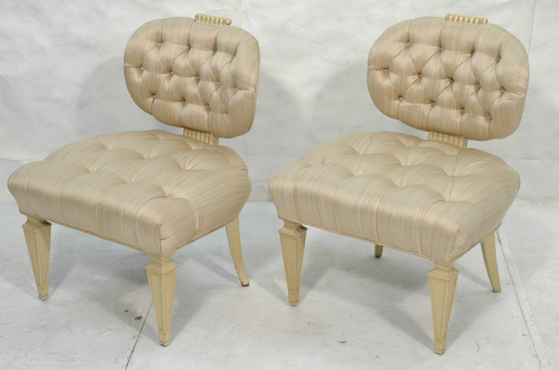 Pair Grosfeld House Style Chairs with Wide seats.: Pair Grosfeld House Style Chairs with Wide seats. Tufted upholstery. Wood accent to back. Tapered legs.-- Dimensions: H: 35 inches: W: 27 inches: D: 26.5 inches ---