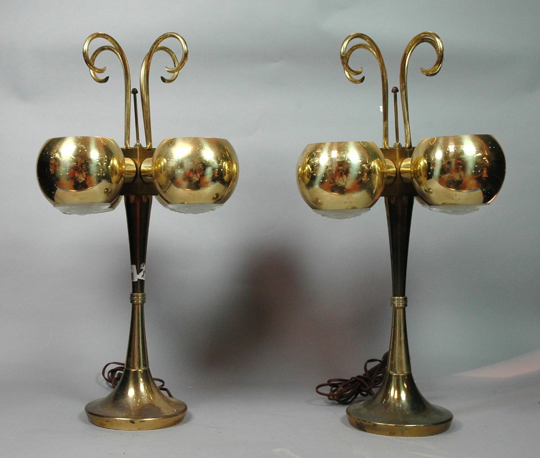 Pair Paavo Tynell Style Table Lamps. Brass with p: Pair Paavo Tynell Style Table Lamps. Brass with pierced shades. -- Dimensions: H: 23 inches: W: 13 inches ---