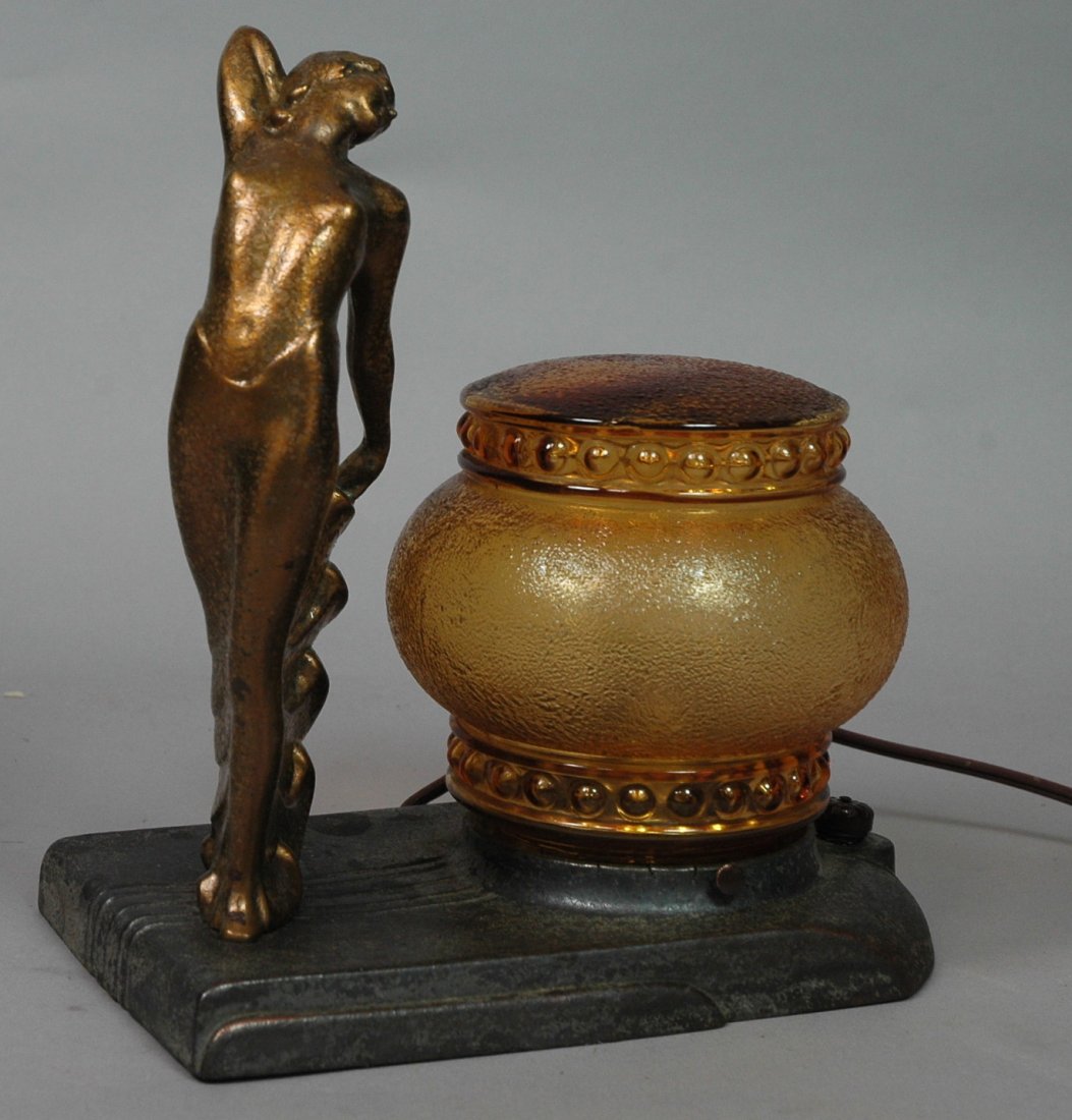 Vintage Art Deco Table Lamp. Figural Nude Female.: Vintage Art Deco Table Lamp. Figural Nude Female. Amber glass shade.-- Dimensions: H: 10 inches: W: 9 inches: D: 5.25 inches ---