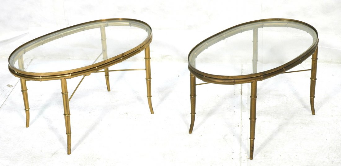 Pr Decorator Faux Bamboo Metal Oval Side Tables.: Pr Decorator Faux Bamboo Metal Oval Side Tables. Two occasional tables. Mastercraft style. Inset glass tops. -- Dimensions: H: 16 inches: W: 29 inches: D: 17.75 inches ---