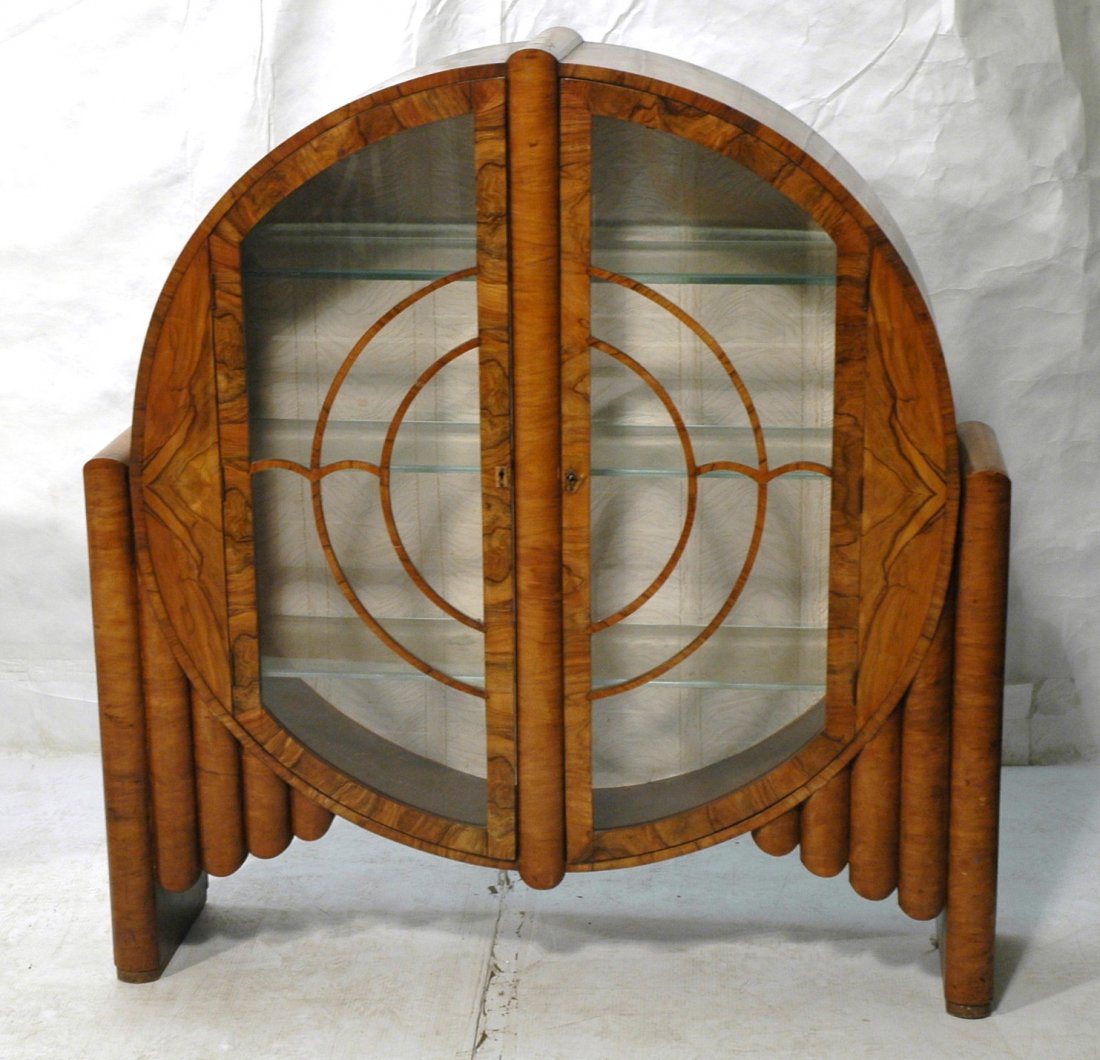 Art Deco Bar Cabinet. Burled Wood Round Cabinet.: Art Deco Bar Cabinet. Burled Wood Round Cabinet. Glass doors & shelves. -- Dimensions: H: 53.25 inches: W: 49.5 inches: D: 13.5 inches ---
