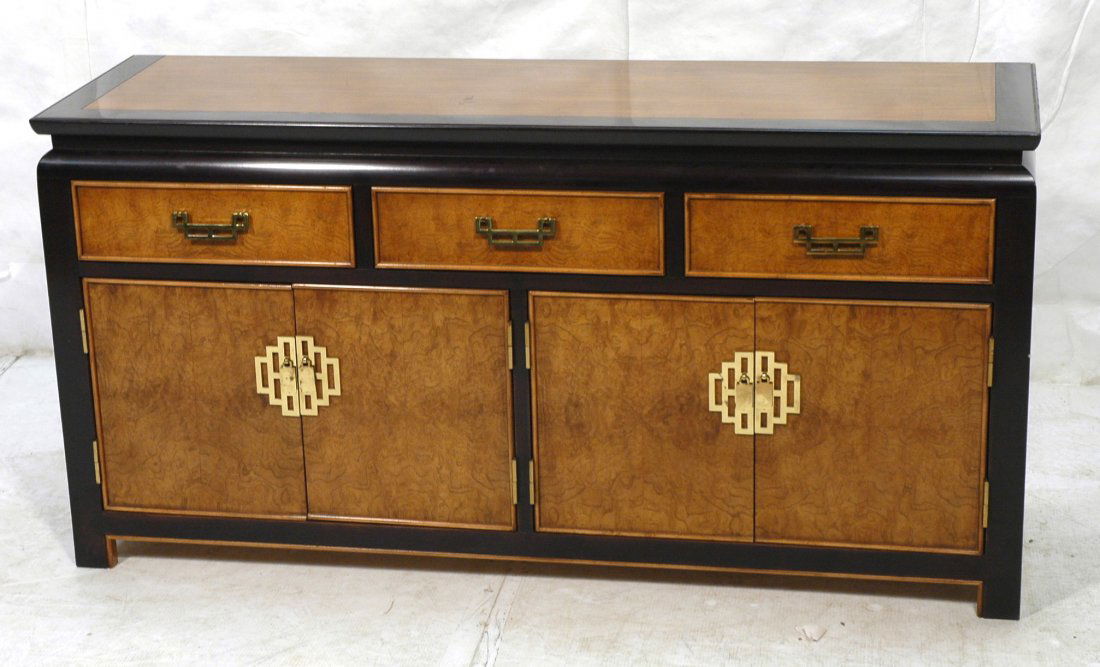 CENTURY Asian inspired Sideboard Buffet Credenza.: CENTURY Asian inspired Sideboard Buffet Credenza. Burled wood with ebonized trim. Brass Asian style hardware. Marked. -- Dimensions: H: 31.25 inches: D: 18.5 inches: L: 62 inches ---