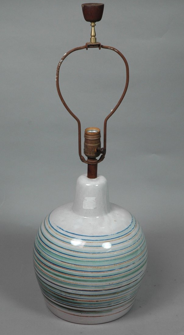 MARTZ Marshall Studios Pottery Table Lamp. Wide f: MARTZ Marshall Studios Pottery Table Lamp. Wide form with thin striped bands. Original wood finial. Marked. -- Dimensions: H: 25 inches: W: 9 inches ---