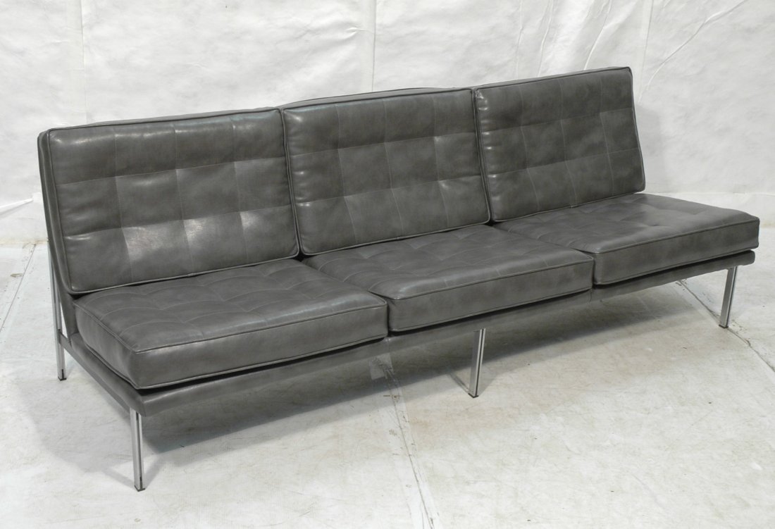 FLORENCE KNOLL Parallel Bars Sofa Couch. Tufted G: FLORENCE KNOLL Parallel Bars Sofa Couch. Tufted Gray Leather. Three seat cushions. Next lot is a pair of matching chairs.-- Dimensions: H: 31 inches: W: 84 inches: D: 30 inches ---