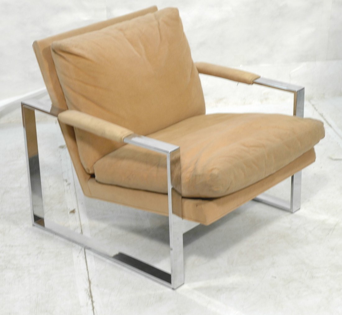 MILO BAUGHMAN style Lounge Chair. Wide flat chrom: MILO BAUGHMAN style Lounge Chair. Wide flat chrome frame. Upholstered arms. Not marked.-- Dimensions: H: 27.5 inches: W: 29.5 inches: D: 34 inches ---