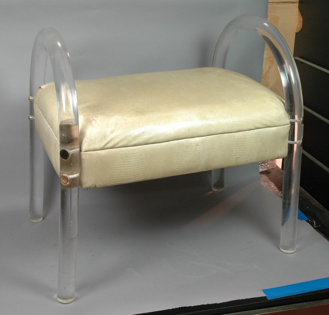 KARL SPRINGER style Arched Lucite Leg Stool Bench: KARL SPRINGER style Arched Lucite Leg Stool Bench. Vinyl seat. Brass caps. -- Dimensions: H: 25 inches: W: 24 inches: D: 19 inches ---