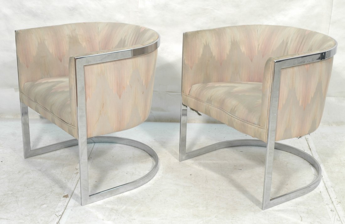 Pr MILO BAUGHMAN style Chrome Frame Lounge Chairs: Pr MILO BAUGHMAN style Chrome Frame Lounge Chairs. 1.5" flat chrome frame. -- Dimensions: H: 27.5 inches: W: 25.5 inches: D: 24 inches ---