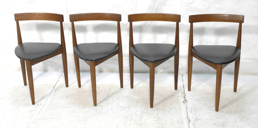 Set 4 Danish Modern Teak Tripod Dining Chairs. HA: Set 4 Danish Modern Teak Tripod Dining Chairs. HANS OLSEN style. Triangular black vinyl seats. -- Dimensions: H: 28.25 inches: W: 18 inches: D: 19 inches ---