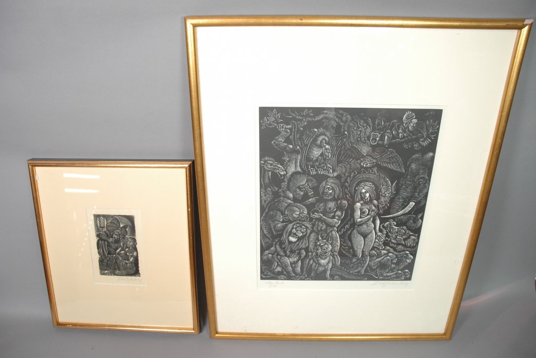 2pc surrealist Engravings Art. FRITZ EICHENBERG.: 2pc surrealist Engravings Art. FRITZ EICHENBERG. "The Bite", Adam & Eve, 11/100. "Scheherazade".-- Dimensions: Image Size: H: 14 inches: W: 12 inches ---