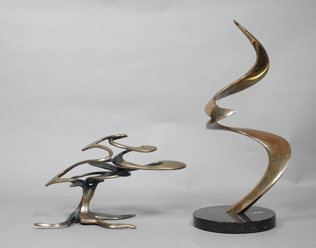 2pc Brass Bronze Sculptures. BOB BENNETT. 1). Swi: 2pc Brass Bronze Sculptures. BOB BENNETT. 1). Swirl on marble base. #48/250. 1984, signed. 2). Calligraphic Tree. #332/500, 1985, signed. -- Dimensions: H: 15.25 inches: W: 7.5 inches: D: 6 inches ---