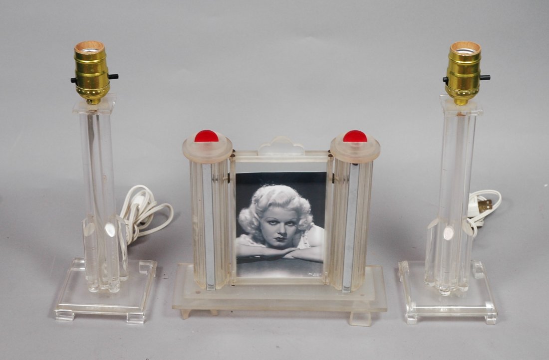 3pc Art Deco Lucite Boudoir Set. Pr Table Lamps &: 3pc Art Deco Lucite Boudoir Set. Pr Table Lamps & Frame. -- Dimensions: H: 12 inches: W: 4 inches ---