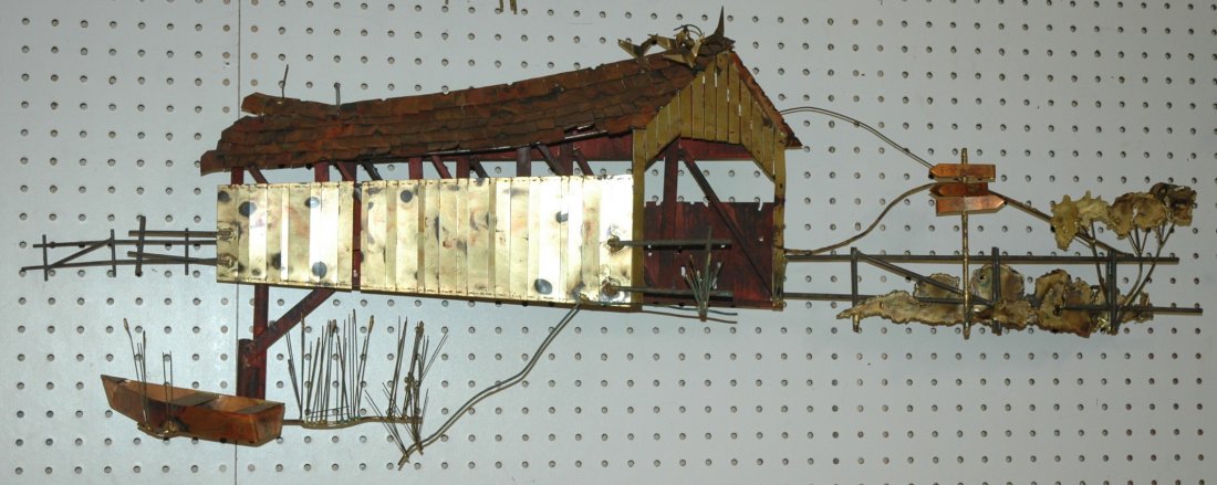 JERE signed Wall Sculpture. Building with Trees &: JERE signed Wall Sculpture. Building with Trees & Grasses. Signed.-- Dimensions: H: 16 inches: W: 41 inches: D: 6 inches ---