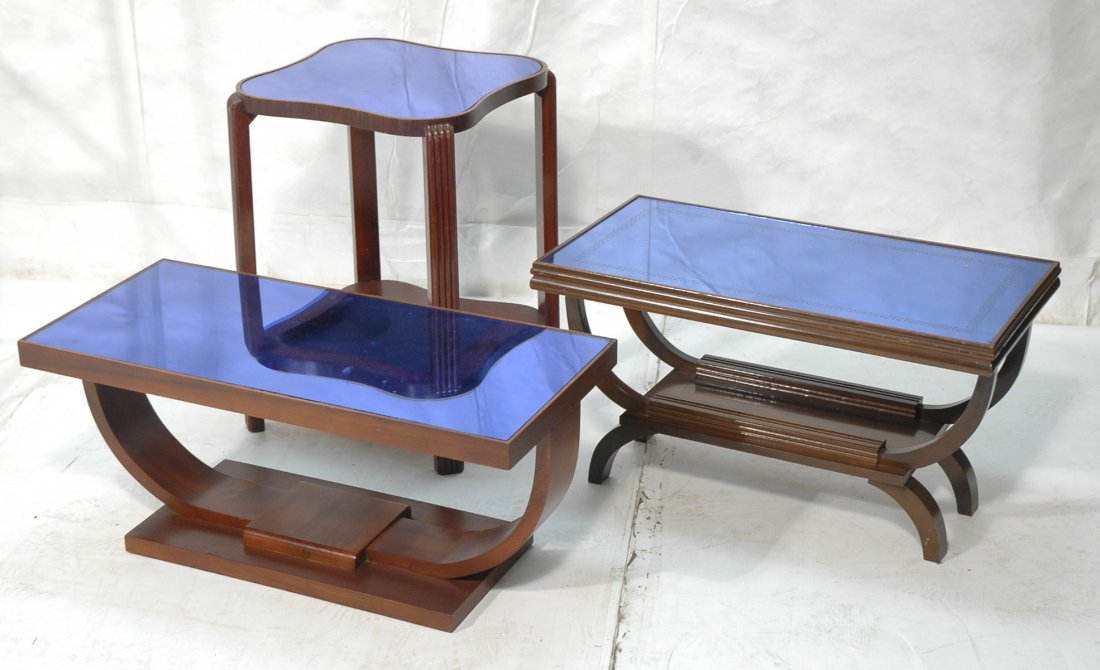 3pc ART DECO Blue Mirrored Glass Tables. Two Coff: 3pc ART DECO Blue Mirrored Glass Tables. Two Coffee cocktail tables & one side table. -- Dimensions: H: 26 inches: W: 18.5 inches ---