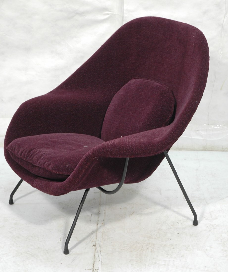KNOLL Womb Chair. EERO SAARINEN. Purple knobby fa: KNOLL Womb Chair. EERO SAARINEN. Purple knobby fabric upholstery. Not marked.-- Dimensions: H: 36.5 inches: W: 39 inches: D: 38 inches ---
