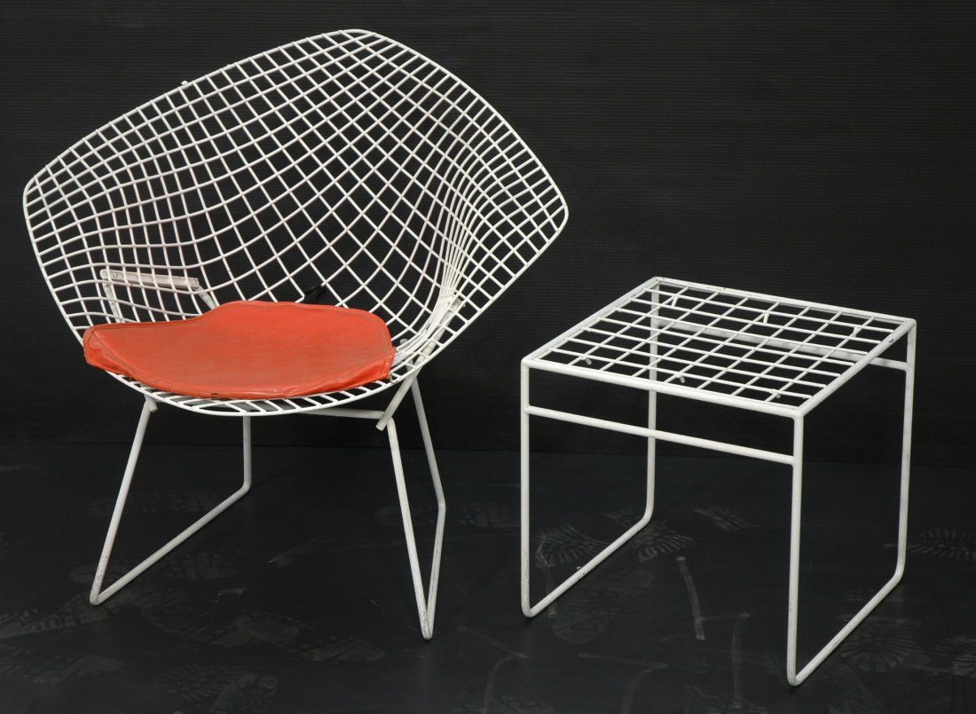HARRY BERTOIA for KNOLL Diamond Chair. Side Table: HARRY BERTOIA for KNOLL Diamond Chair. Side Table. Orange seat cushion. -- Dimensions: H: 30.25 inches: W: 33 inches: D: 28 inches ---