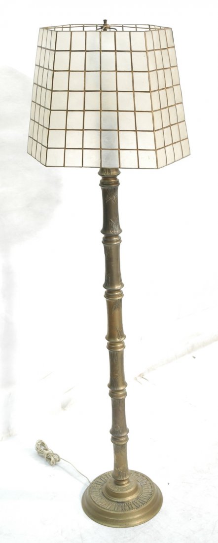 Decorator Brass Faux Bamboo Floor Lamp w/ Shell Shade: Decorator Brass Faux Bamboo Floor Lamp. Shell shade.-- Dimensions: H: 61.518 inches: W: 13 inches ---