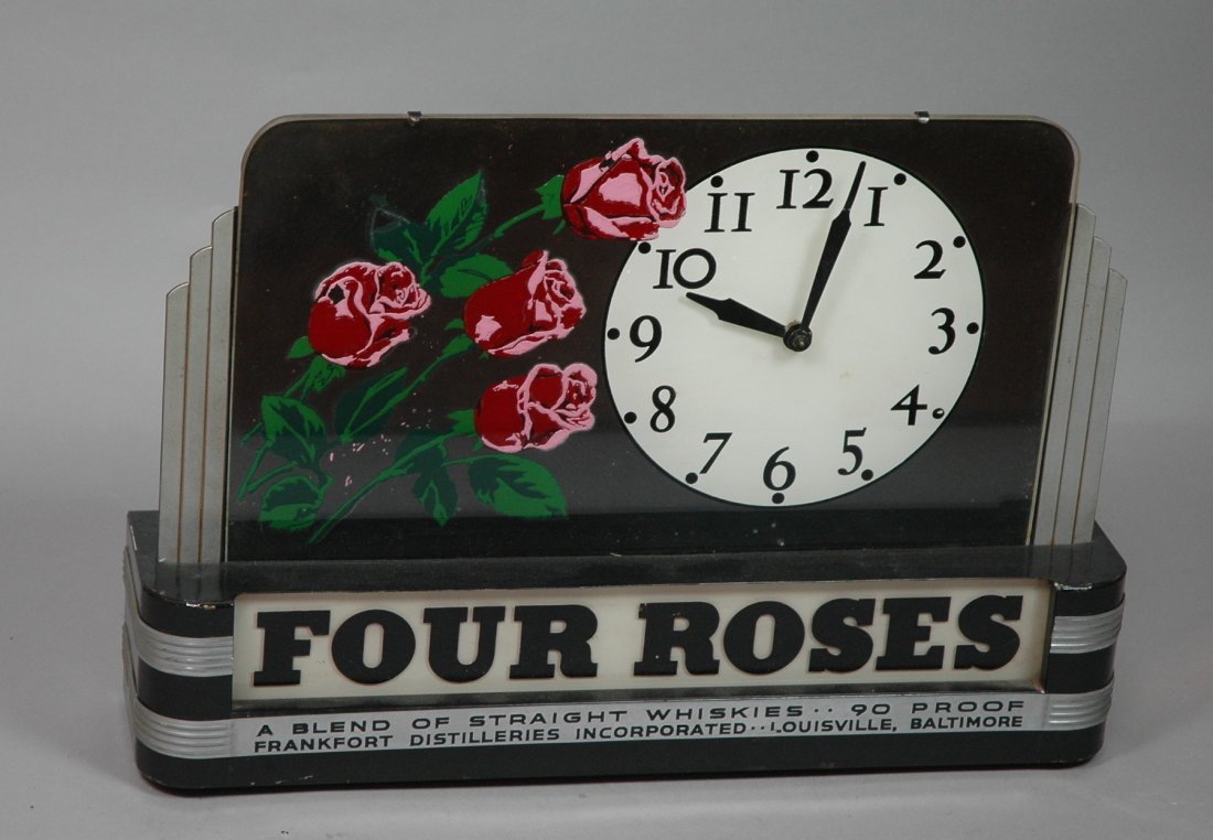 Four Roses Advertising Clock Display. Bar sign.: Four Roses Advertising Clock Display. Bar sign. Art Deco mirrored.-- Dimensions: H: 13 inches: W: 18 inches: D: 4.5 inches ---
