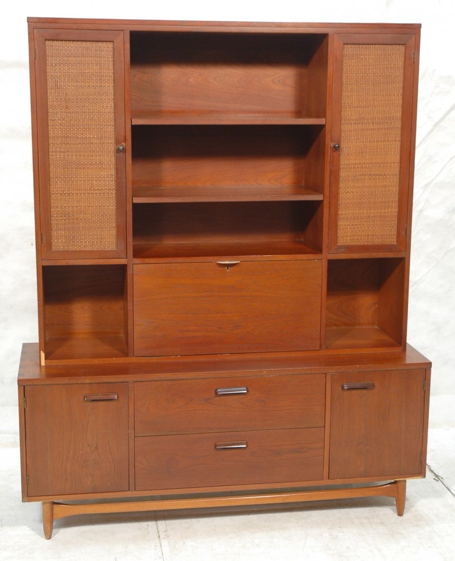 Lane Two Part Cabinet. American Modern Walnut.: Lane Two Part Cabinet. American Modern Walnut. Desk top with credenza base. Wood handles.-- Dimensions: H: 74 inches: W: 60 inches: D: 19 inches ---