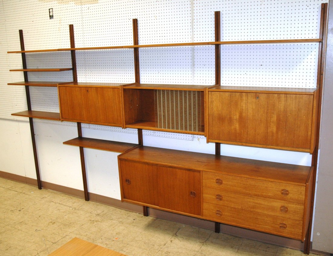 Large Danish Modern Wall Shelf Unit. 3 cabinet (: Large Danish Modern Wall Shelf Unit. 3 cabinet (2 drop down fronts). 8 shelves. 5 uprights.-- Dimensions: H: 78 inches: W: 128 inches: D: 16 inches ---