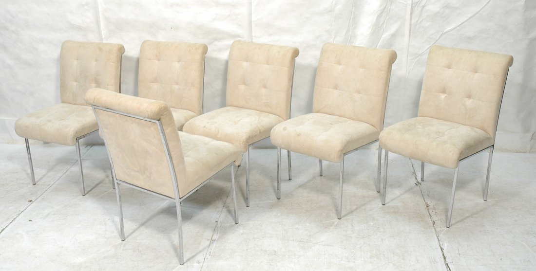 6pc MILO BAUGHMAN style Dining Chairs. Thin squar: 6pc MILO BAUGHMAN style Dining Chairs. Thin square tub frames. Tufted beige upholstery. Not marked. -- Dimensions: H: 35 inches: W: 19 inches: D: 21 inches ---