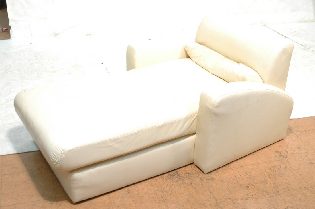 Cream color Chaise Lounge JAY SPECTRE for CENTURY: Cream color Chaise Lounge JAY SPECTRE for CENTURY. Cream leather. Wide bowed arms. Tagged. -- Dimensions: H: 28 inches: D: 42 inches: L: 69 inches ---