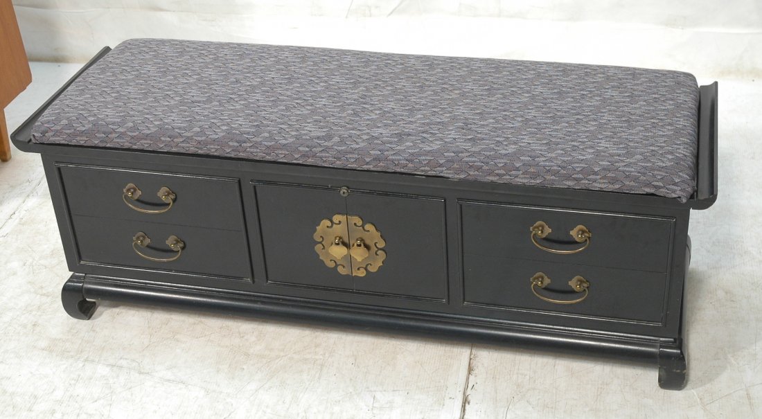 Asian Modern Cedar Chest. Ebonized frame. Upholst: Asian Modern Cedar Chest. Ebonized frame. Upholstered top cushion. Brass hardware.-- Dimensions: H: 18.5 inches: W: 54 inches: D: 17 inches ---