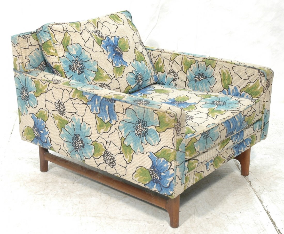 MILO BAUGHMAN Lounge Chair. Wood Base & Stretcher: MILO BAUGHMAN Lounge Chair. Wood Base & Stretcher. Fabric upholstery. Not marked.-- Dimensions: H: 29 inches: W: 31 inches: D: 37 inches ---