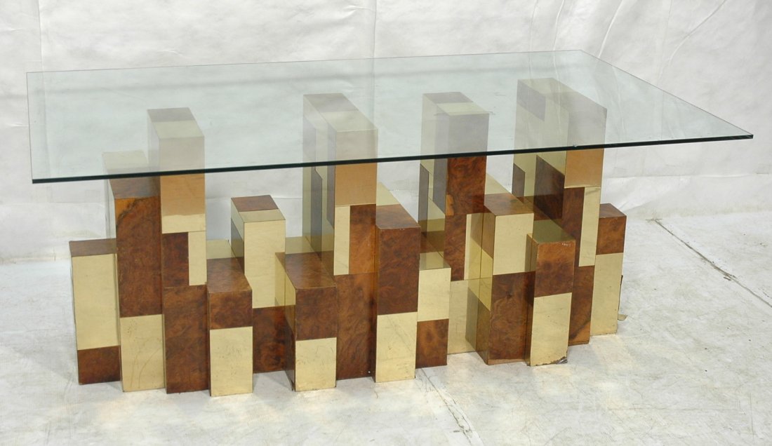 PAUL EVANS City Scape Dining Table. Burled Wood &: PAUL EVANS City Scape Dining Table. Burled Wood & Brass. Marked Original Paul Evans. 1/2" Thick glass top. -- Dimensions: H: 28.5 inches: W: 72 inches: D: 42 inches ---